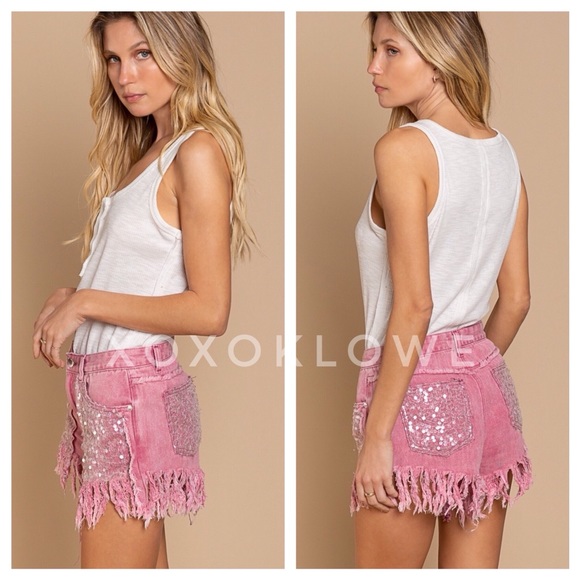 POL Barbie Pink Sequin Sparkle Bling Fringe Shorts - Picture 8 of 14